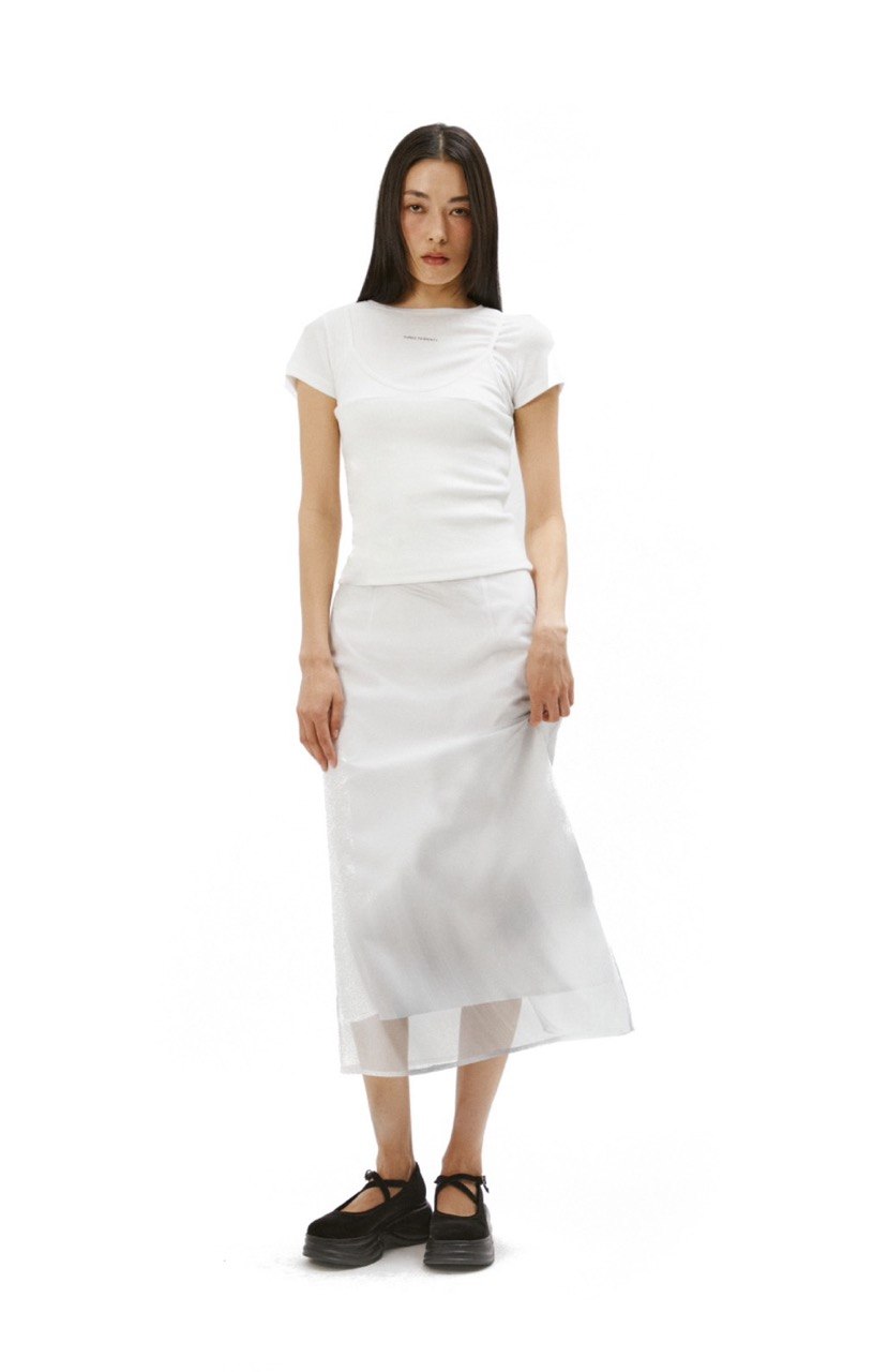 【3hreeto8ighty】Printed Organza Layered Skirt - White