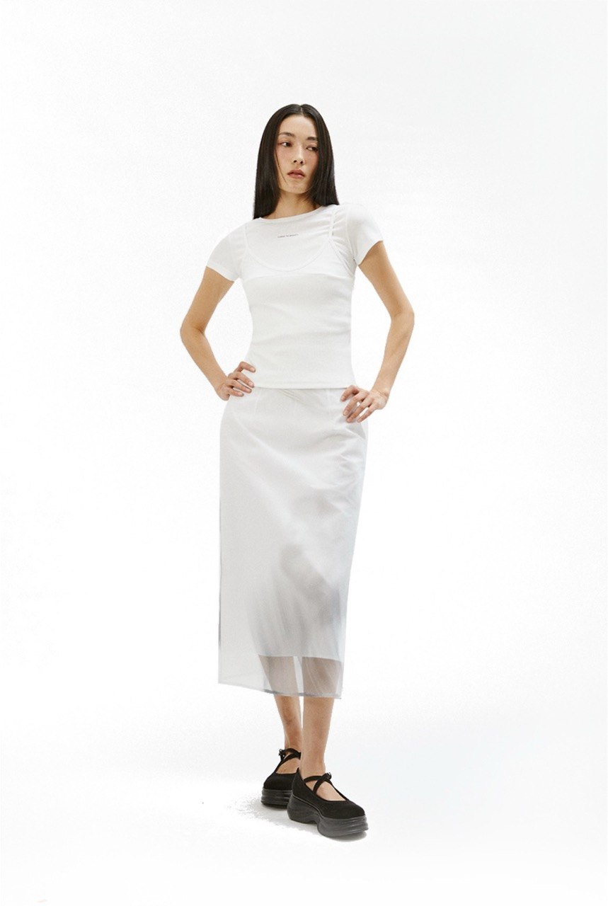 【3hreeto8ighty】Printed Organza Layered Skirt - White