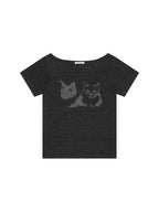 【3hreeto8ighty】OFF-SHOULDER TWIN CAT TEE - 2 colors
