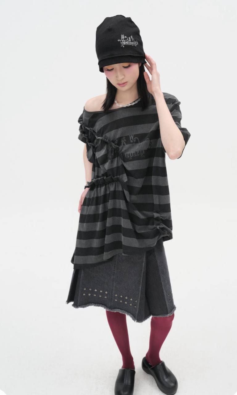 【typeservice】Stud Denim Panel Skirt [ Black ]