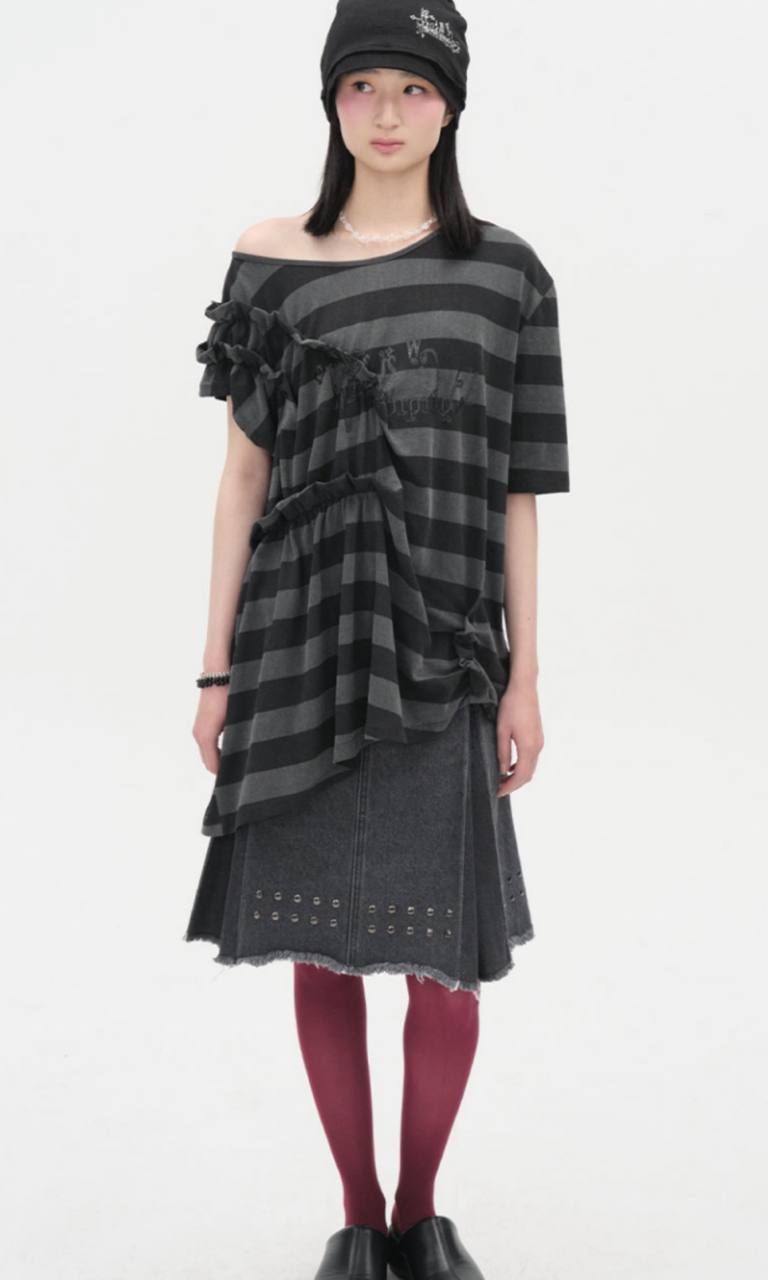【typeservice】Stud Denim Panel Skirt [ Black ]