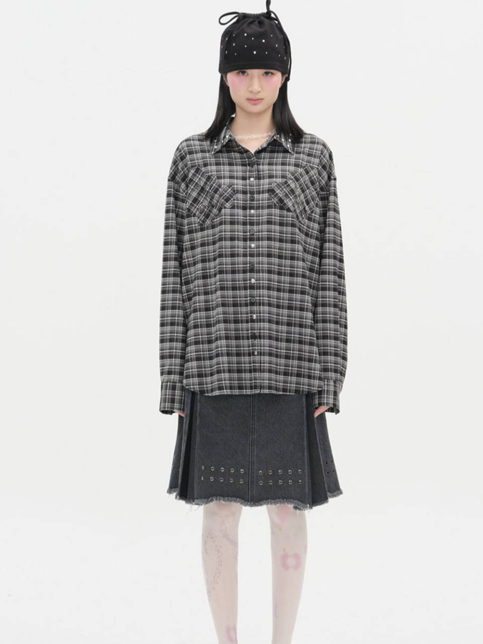 【typeservice】Stud Denim Panel Skirt [ Black ]