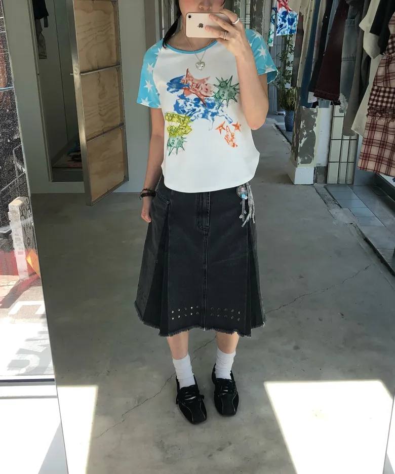 【typeservice】Stud Denim Panel Skirt [ Black ]