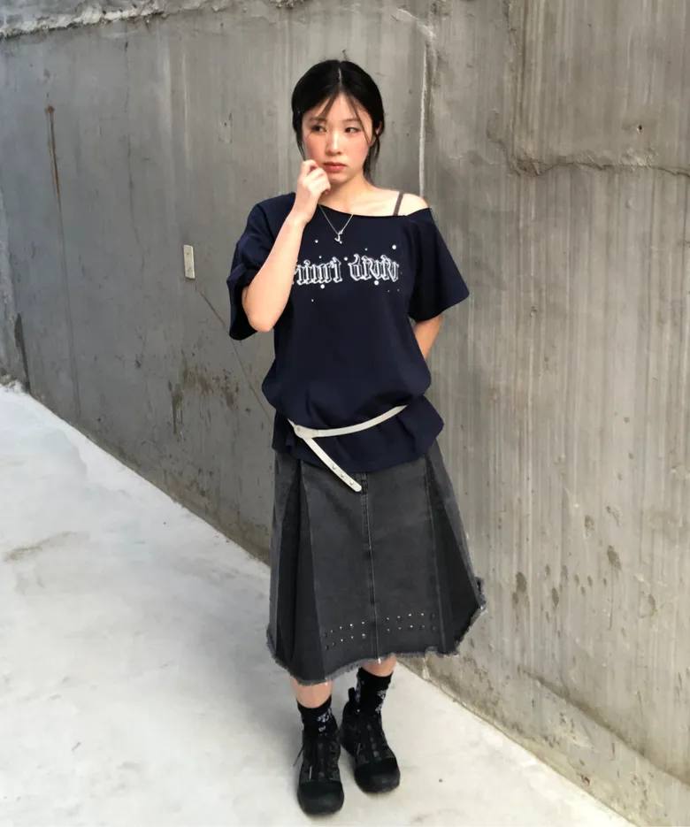 【typeservice】Stud Denim Panel Skirt [ Black ]