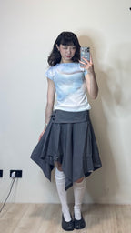 【kijun】Print Cap Sleeve Top [Blue / Charcoal]