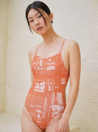【seasaltsea】REVERSIBLE NEWSPAPER SWIM SUIT - ORANGE
