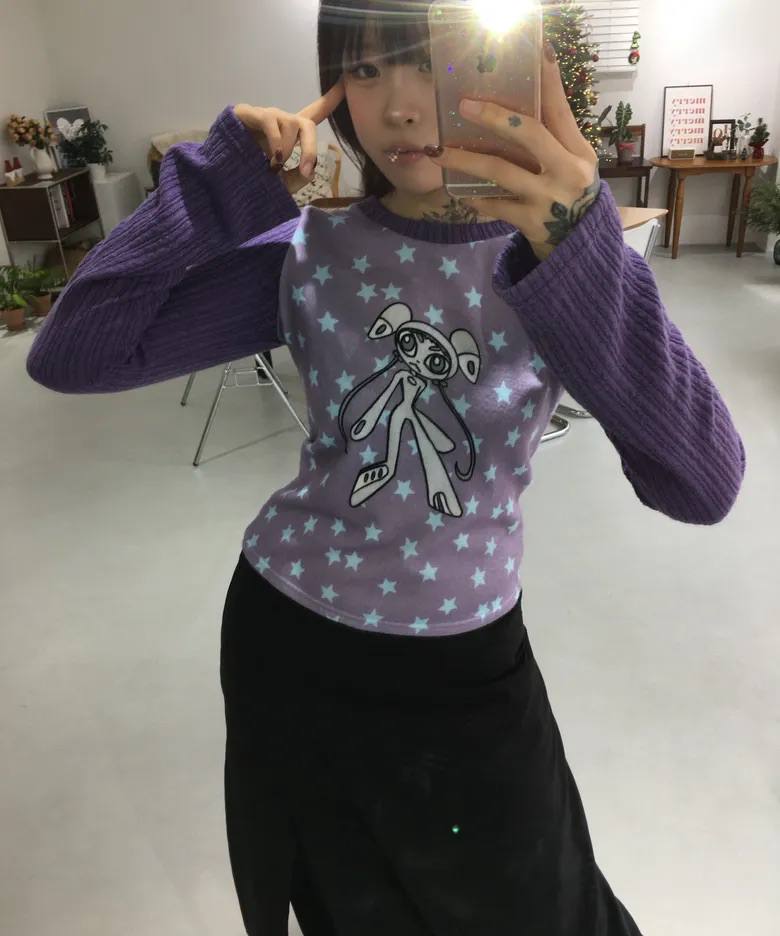 【youthbath】Twist Knit Long Sleeve Top [ Mint / Purple ]