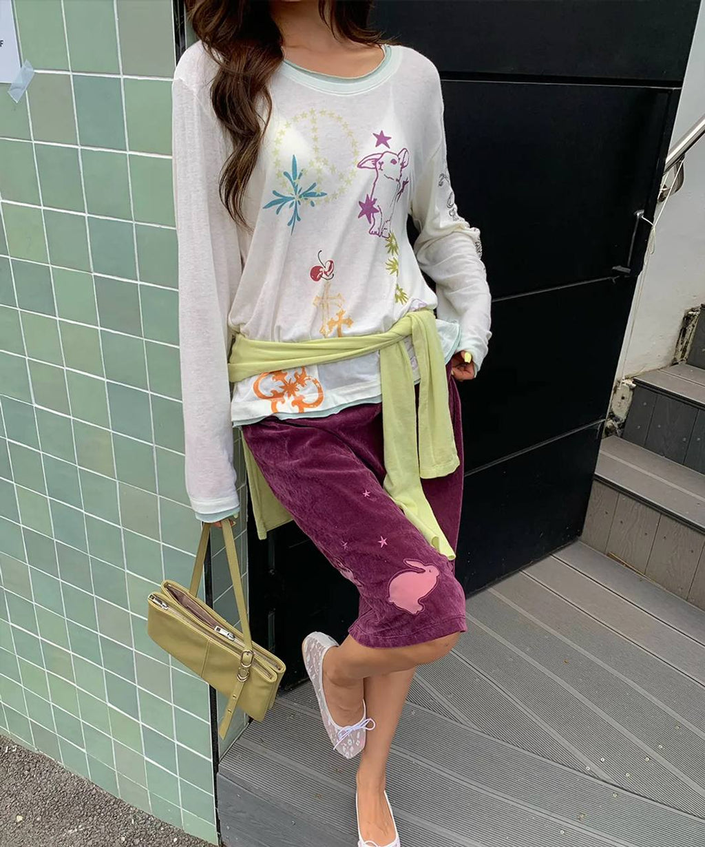 【CRANK】TATTOO LAYERED TOP [ ivory / blue / pink ]