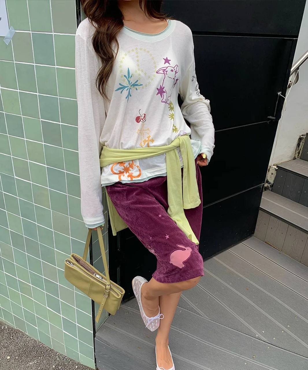 【CRANK】TATTOO LAYERED TOP [ ivory / blue / pink ]
