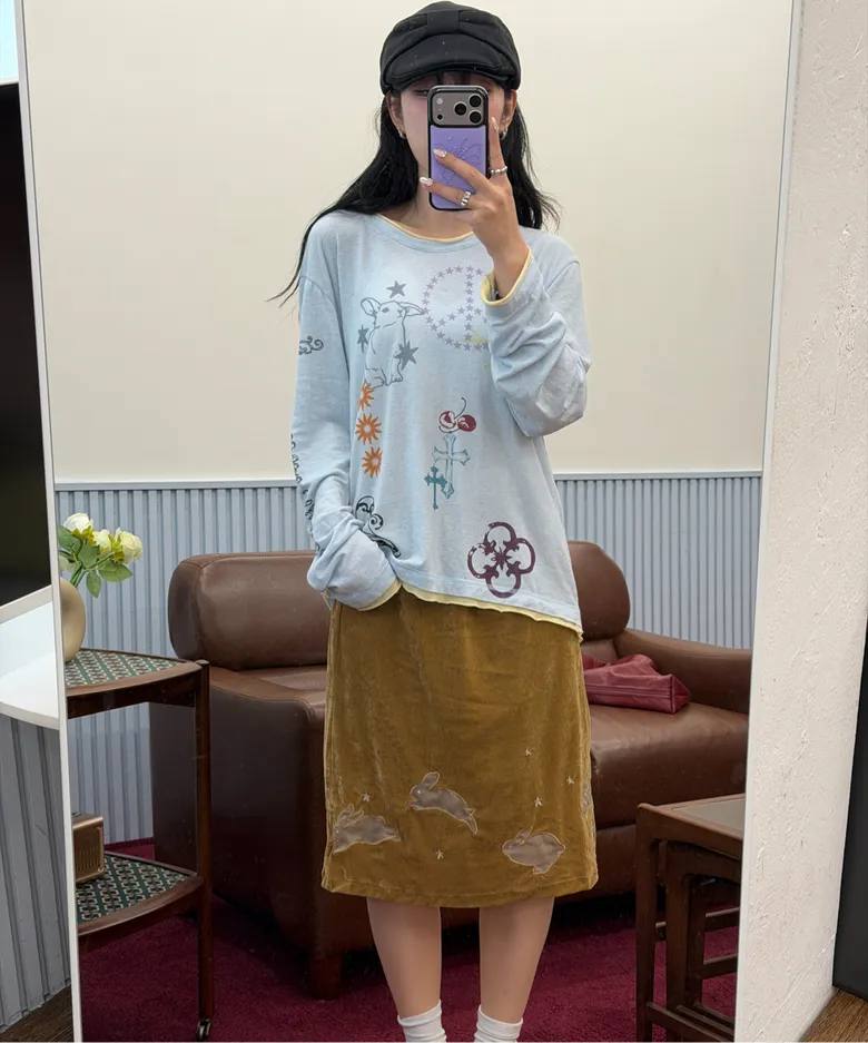 【CRANK】TATTOO LAYERED TOP [ ivory / blue / pink ]