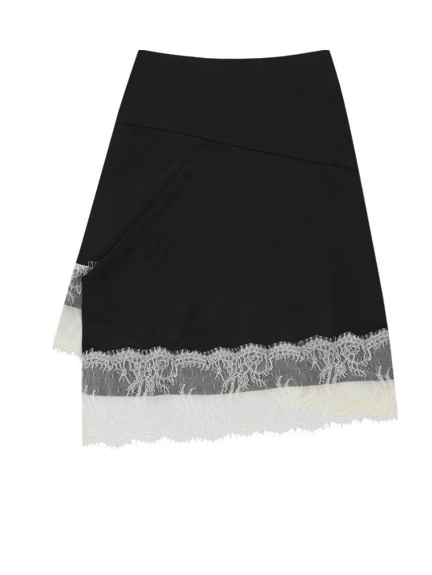 【kijun】SATIN LACE MIDI SKIRT [Black / Charcoal]
