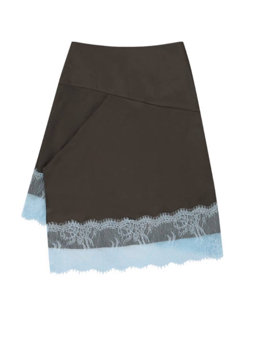 【kijun】SATIN LACE MIDI SKIRT [Black / Charcoal]