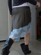 【kijun】SATIN LACE MIDI SKIRT [Black / Charcoal]