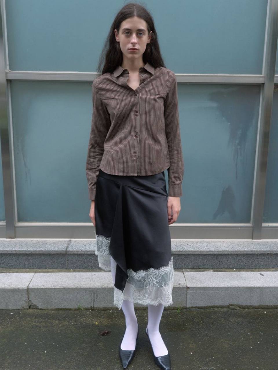 【kijun】SATIN LACE MIDI SKIRT [Black / Charcoal]
