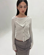 【Flare up】Asymmetrical Snap Long Sleeve Hoodie - 2 colors