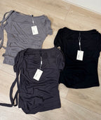 【Flare up】Asymmetrical Draped Strap Roll-Up T-Shirt [4 colors]