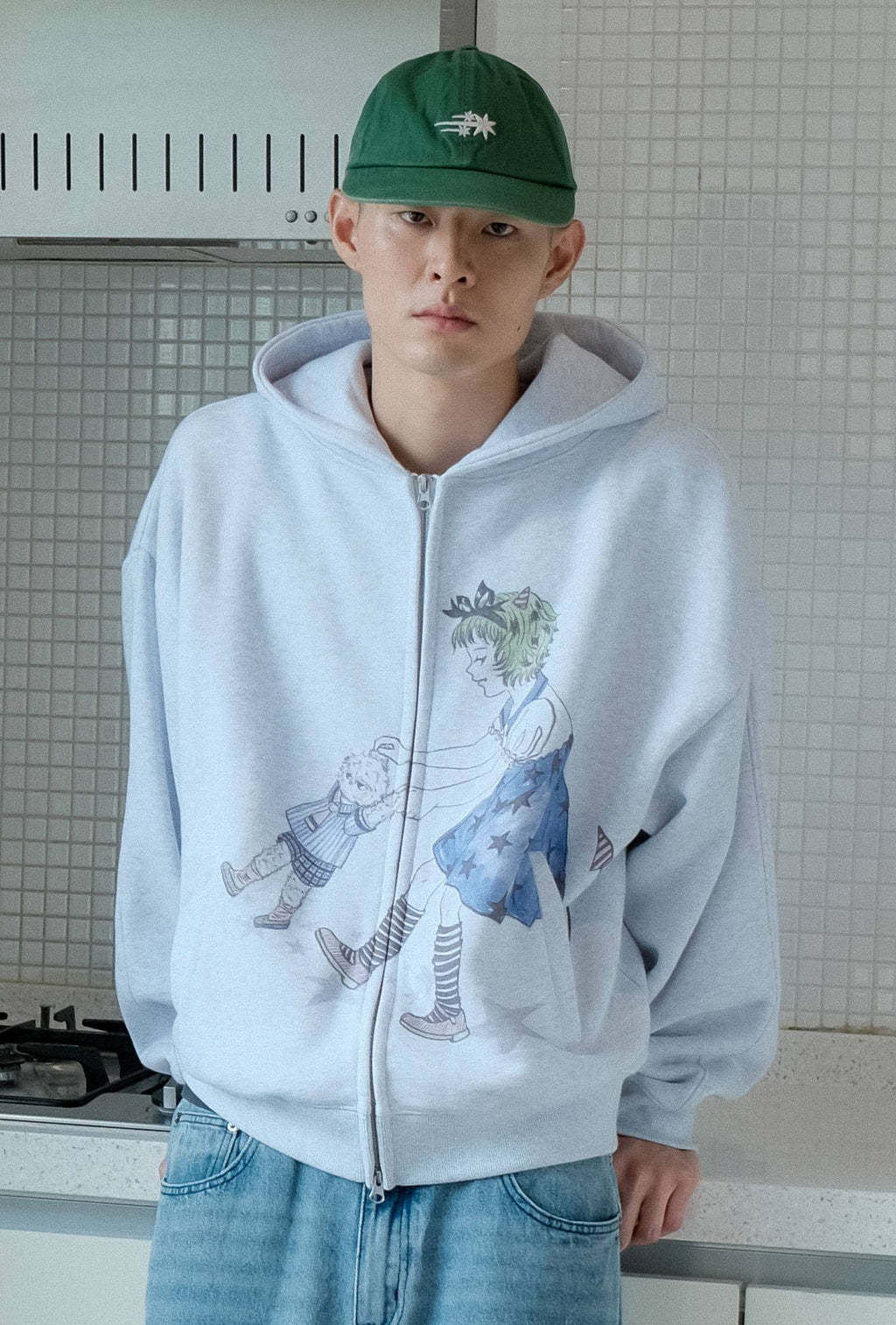 【niceghostclub】hand in hand hoodie zip up [ blue / grey ]
