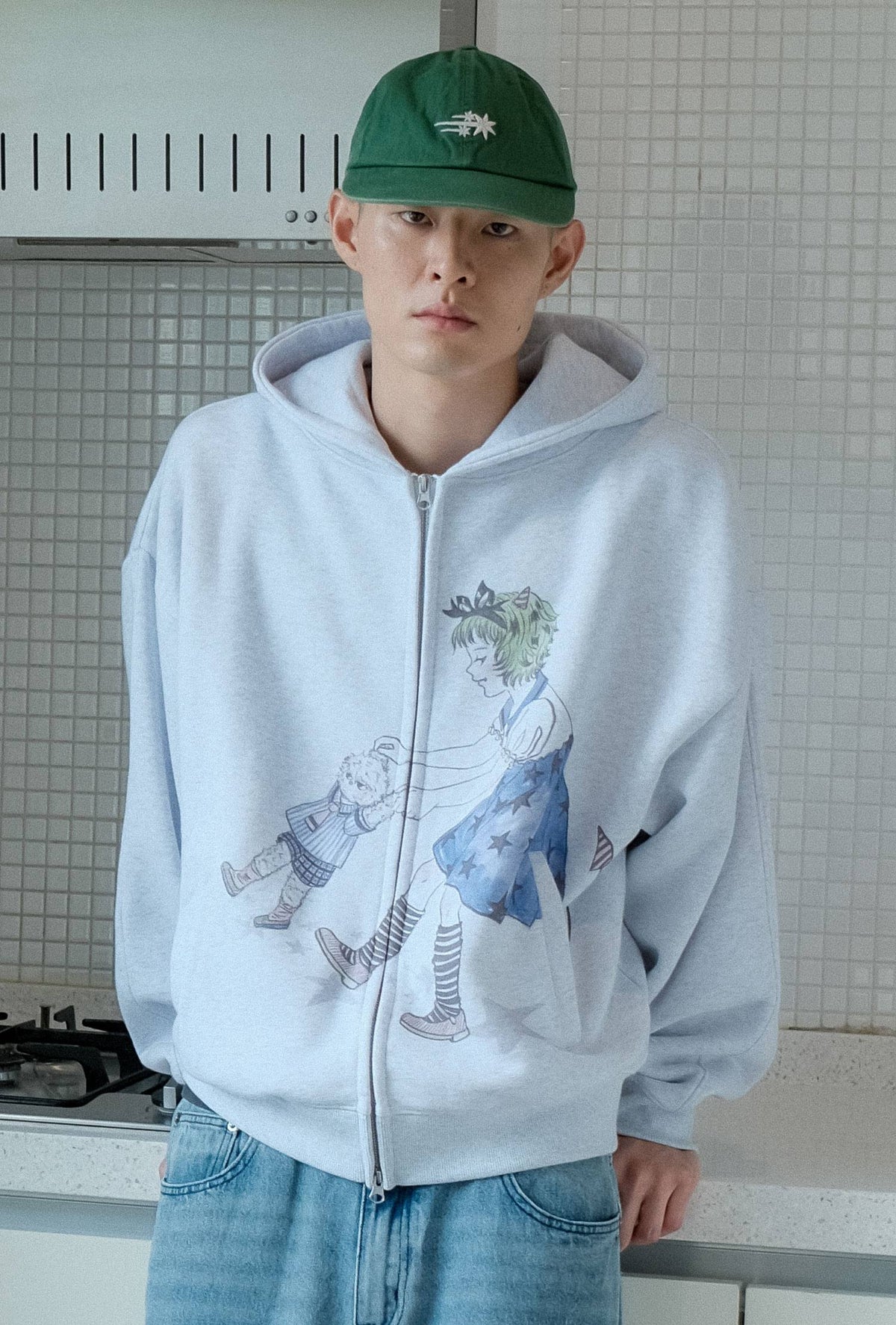 【niceghostclub】hand in hand hoodie zip up [ blue / grey ]