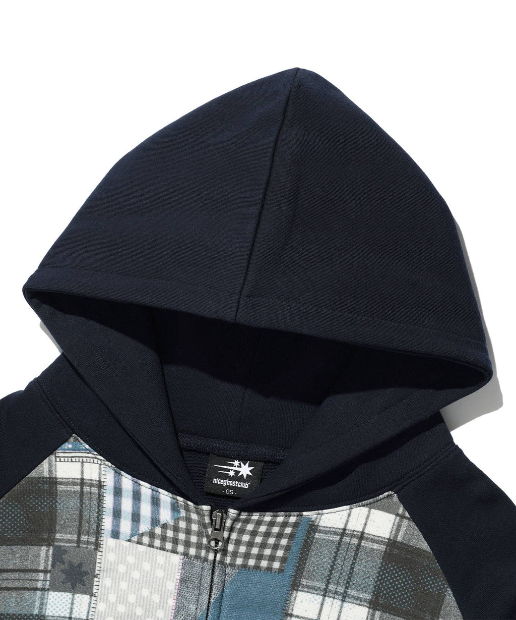 【niceghostclub】patchwork raglan crop hoodie zip up [ navy ]