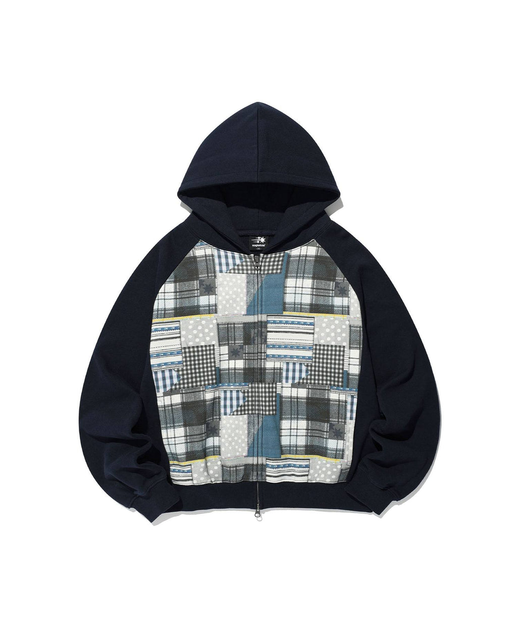 【niceghostclub】patchwork raglan crop hoodie zip up [ navy ]
