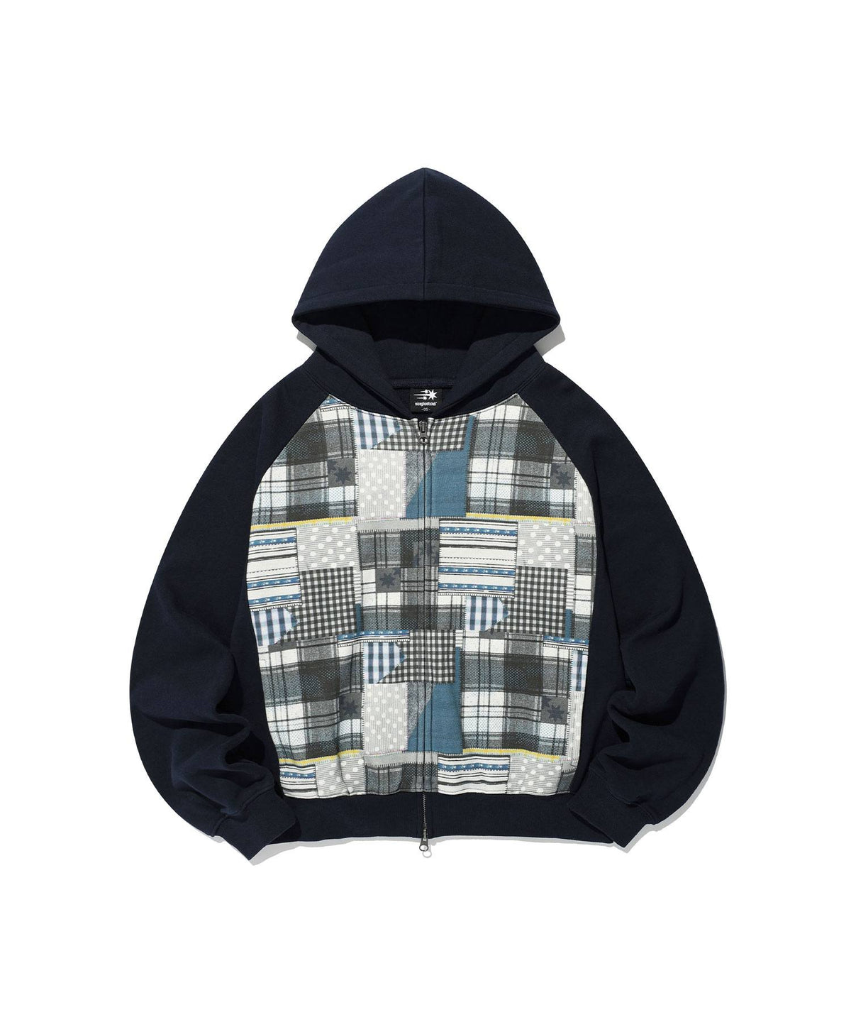 【niceghostclub】patchwork raglan crop hoodie zip up [ navy ]