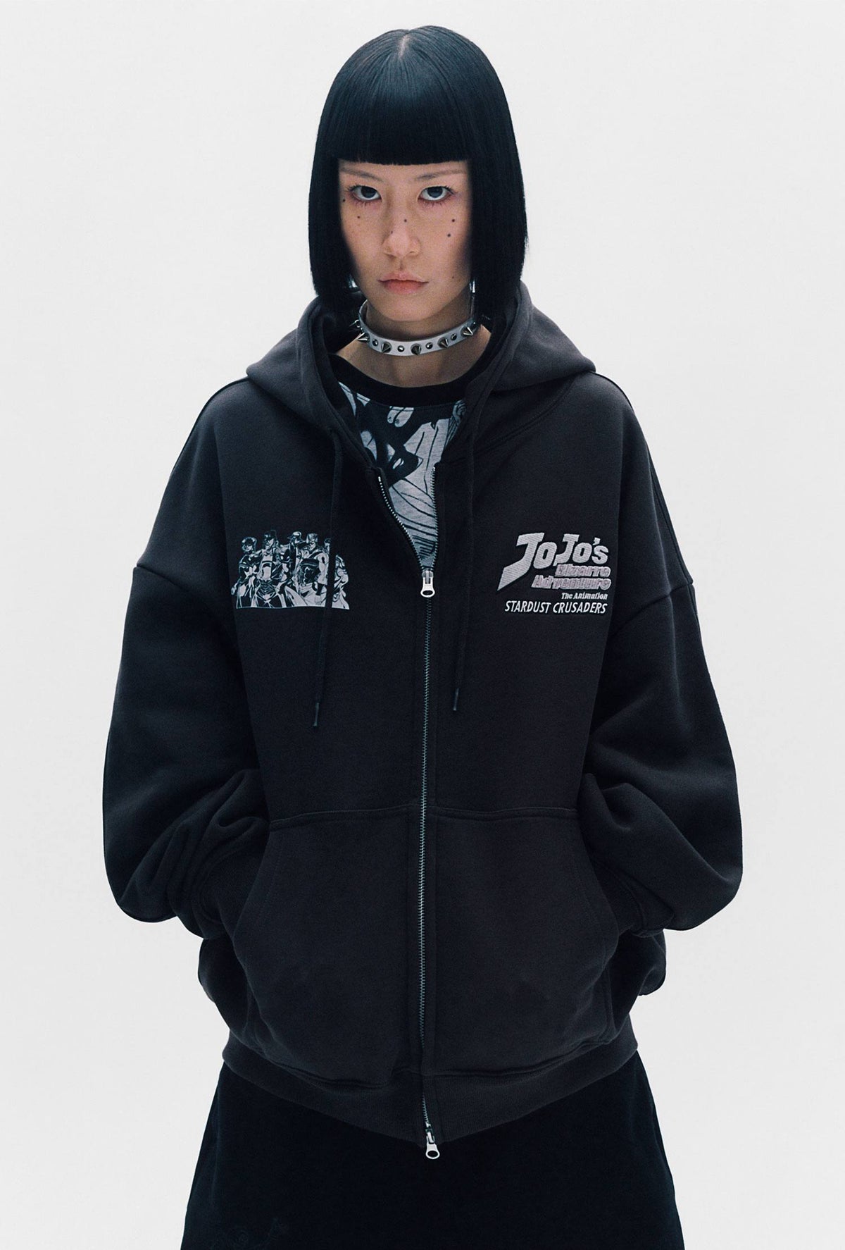 【niceghostclub】jojo's stardust crusaders hoodie zip up [ charcoal ]