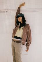 【niceghostclub】STITCHED CROP HOODIE ZIP UP [ brown / blue ]