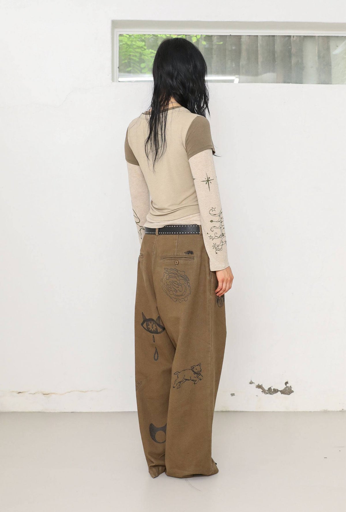 【niceghostclub】tattoo layered ls tee [ grey / beige ]