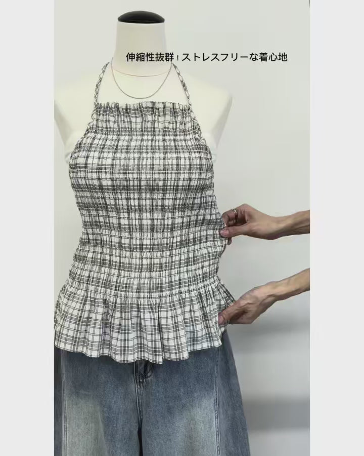 綁帶格子褶皺背心 - 2 colors