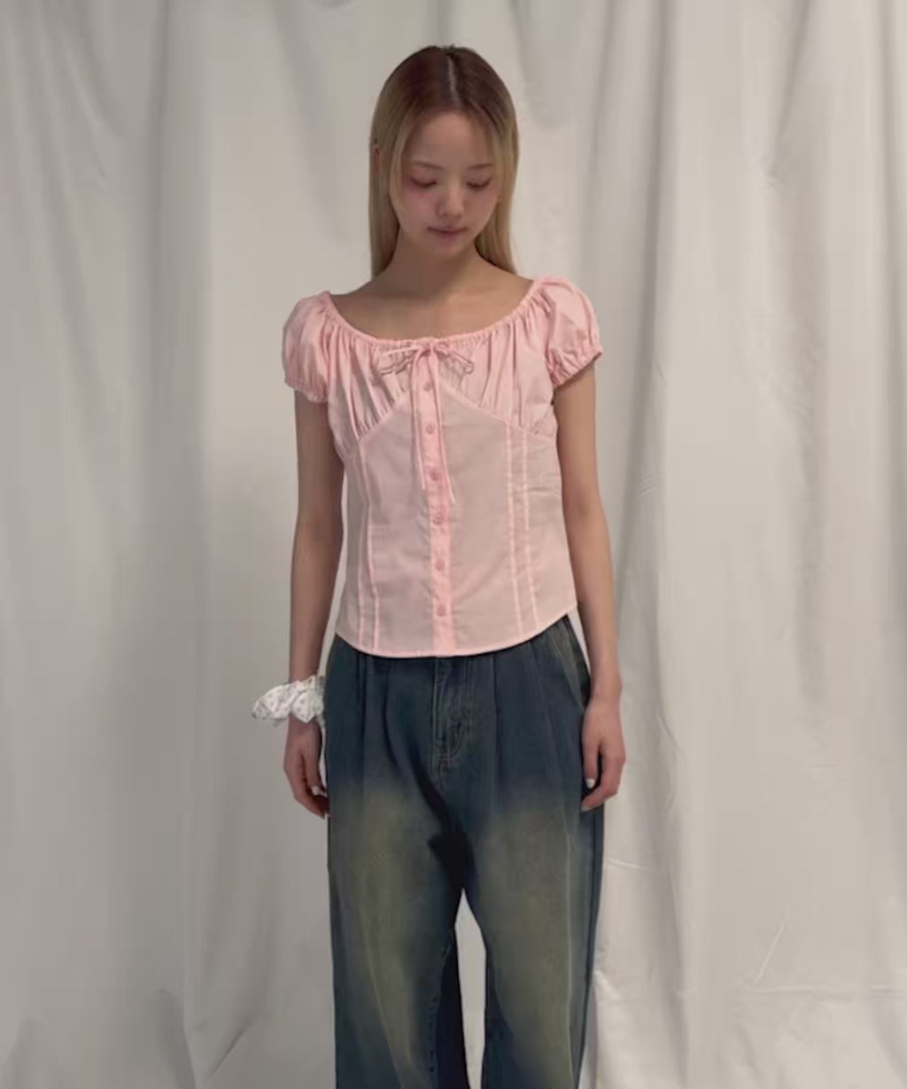 2WAY泡泡袖蝴蝶結短袖 - 4 colors