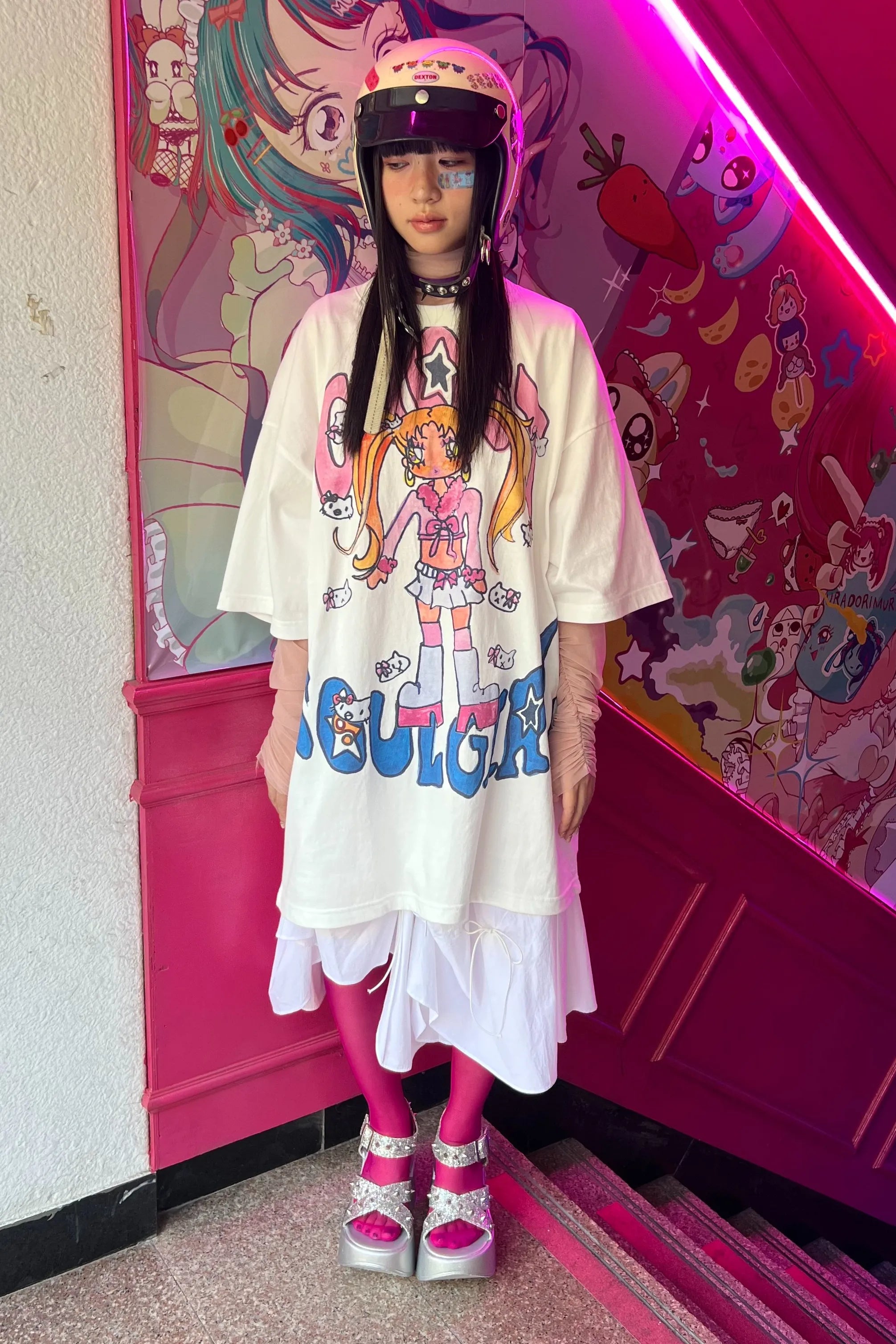 【niceghostclub】[ x soulpusssy cat ] ghostsoulgirl gyaru big big tee [pink/white]